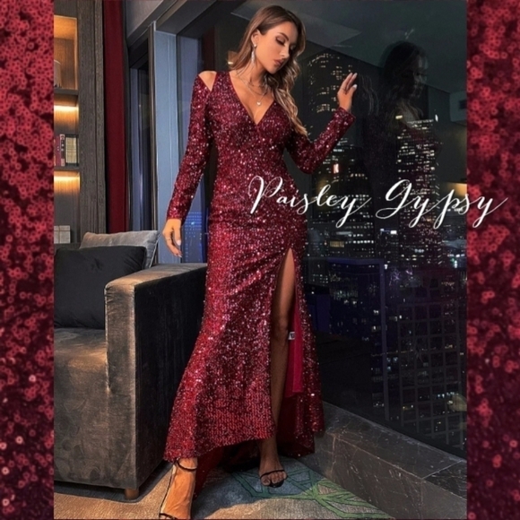 Maroon Sequined Ball Gown for Special Events - Picture 8 of 14